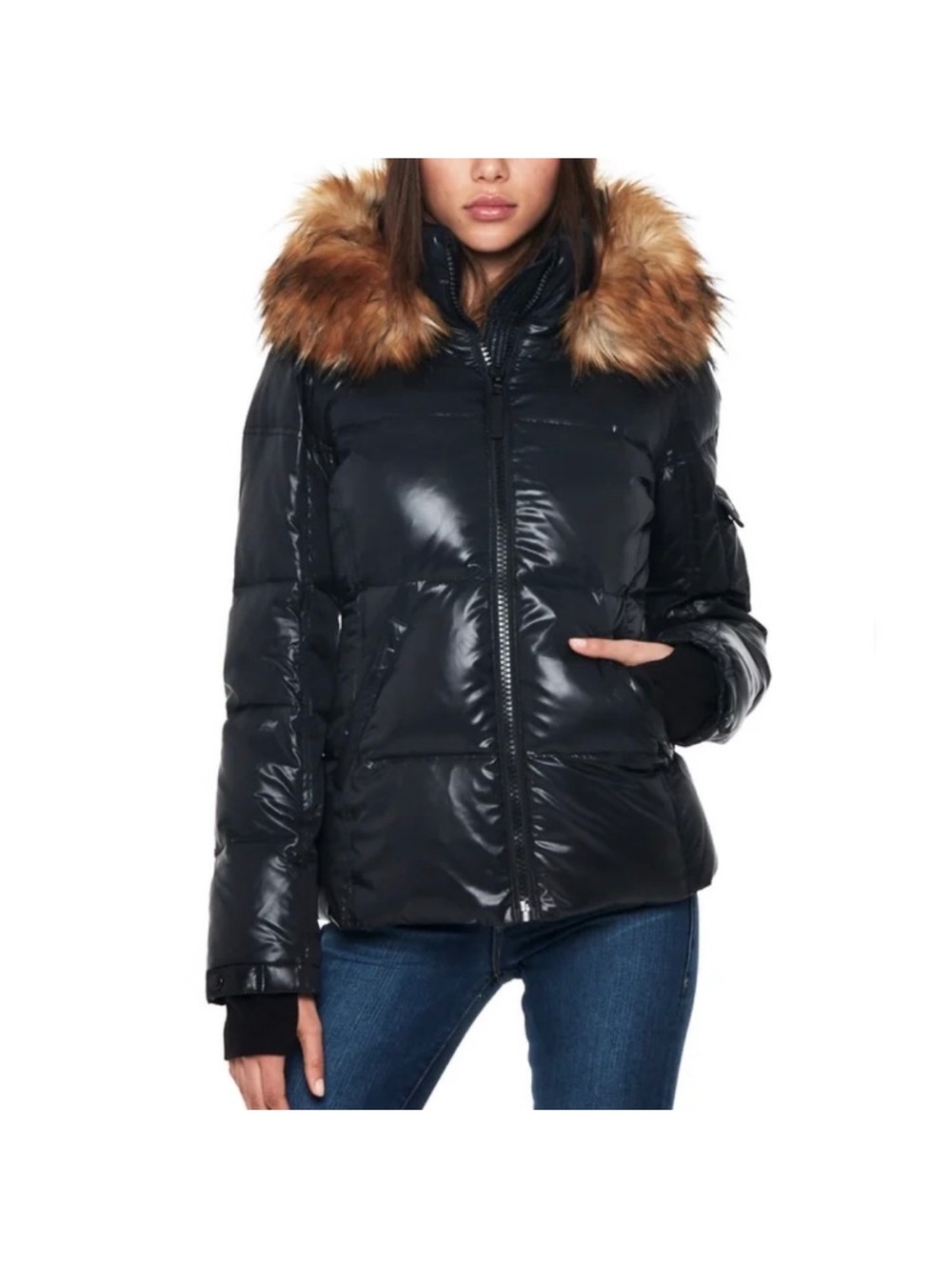 S13 Women’s Black Puffer Jacket coat with Faux Fur Trim hood size M